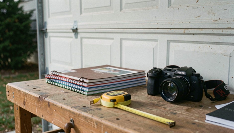A workbench against a garage wall with a stack of track notebooks, a tape measure, a camera body and a coil of survey tape on the surface