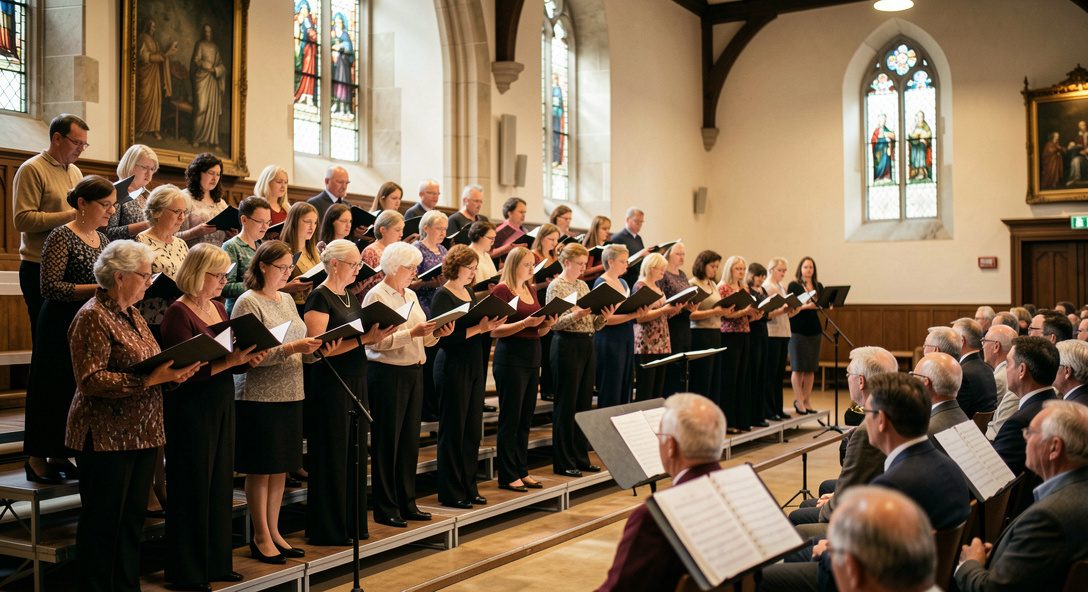 A full mixed choir standing on risers during an evening rehearsal in a church hall, scores held down, warm overhead light, medium wide shot from the side.
