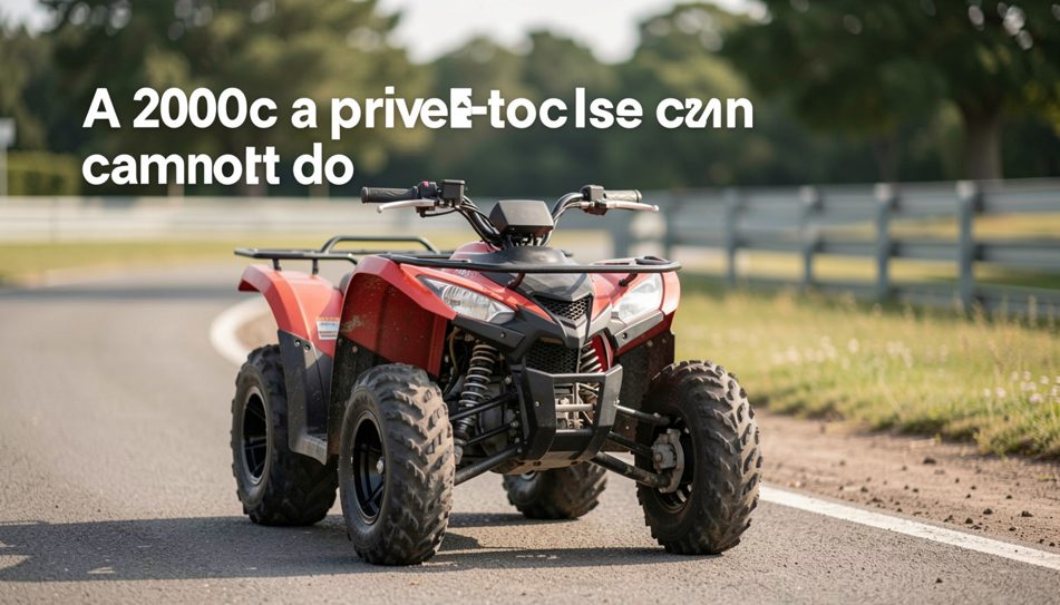 A small utility quad parked on hardpack at the edge of a private track, its air cooled single cylinder and chain drive visible, in late afternoon light