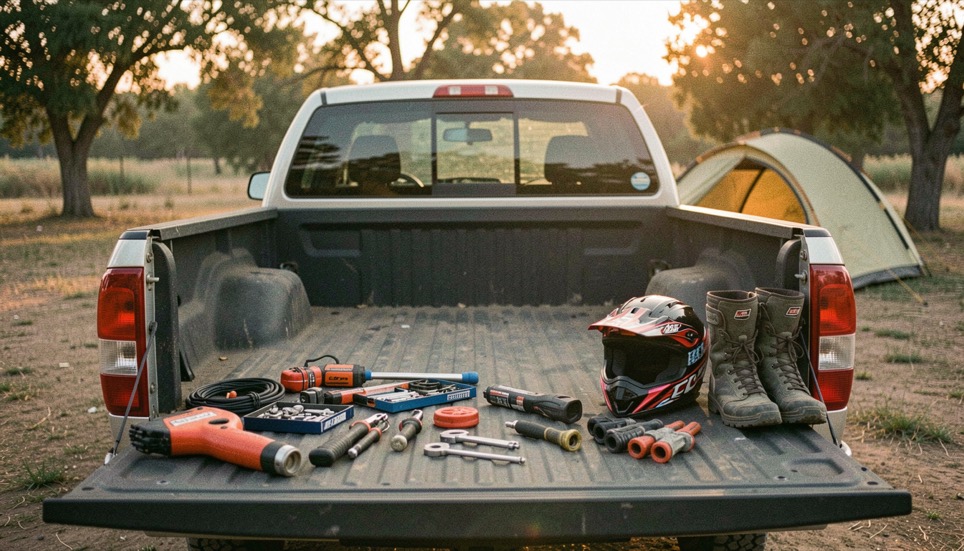 The back of a pickup at dawn with a motocross toolkit laid out on the tailgate, helmet and boots beside it, a tent pitched under trees in the background