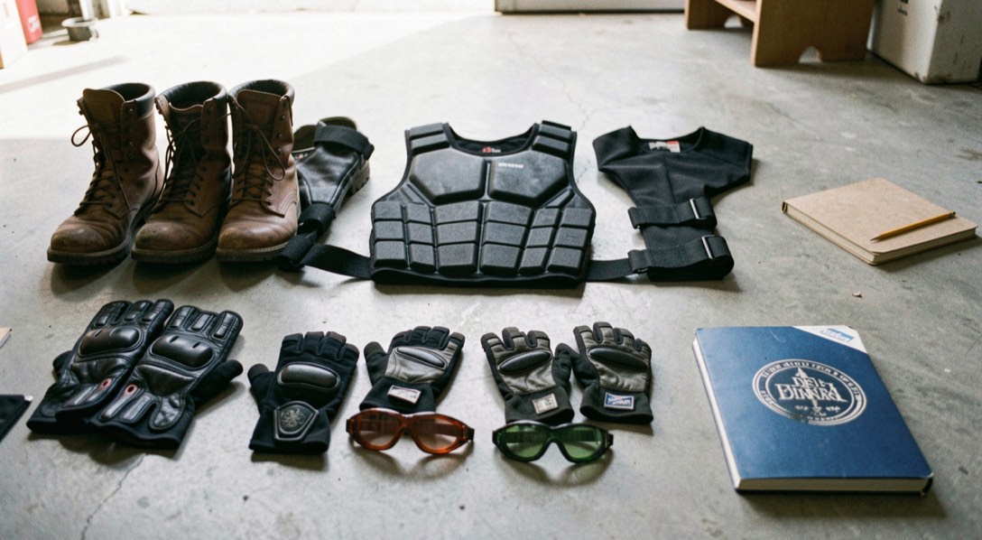 Gear laid out flat on a garage floor in rows: boots, knee guards, a chest protector, gloves and goggles, a notebook with a pencil lying in the corner