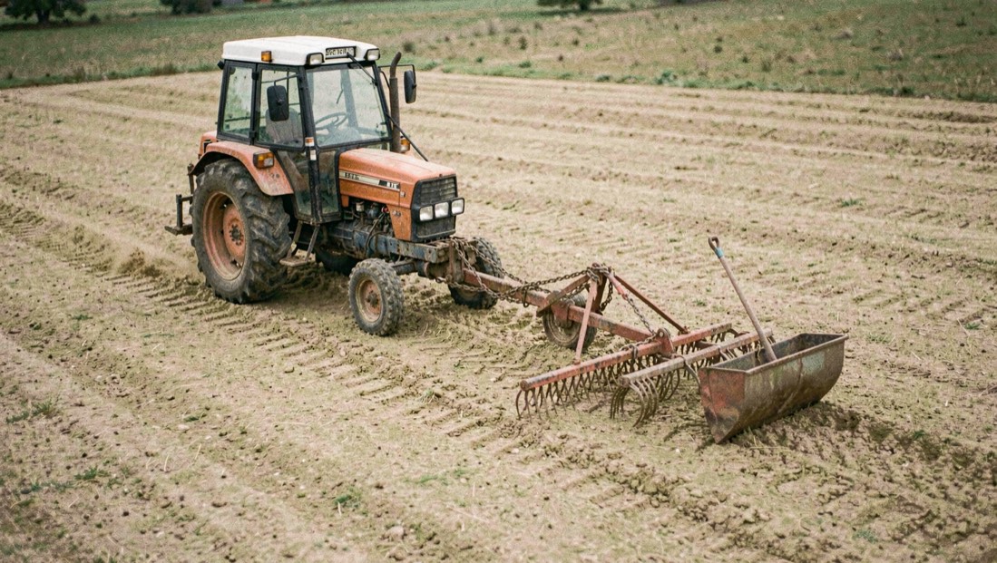 A compact tractor dragging a chain harrow across a flat corner, the loosened surface behind it lighter and freshly scored, a rake leaning on the bucket
