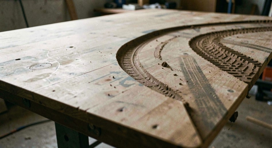 A table-top jump seen from the side in low light, its face streaked with tire marks, a deep rut curving away at the base of the landing