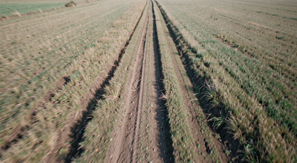 A corner photographed from a drone height showing three distinct dark lines through the same berm, the middle one widest and most worn