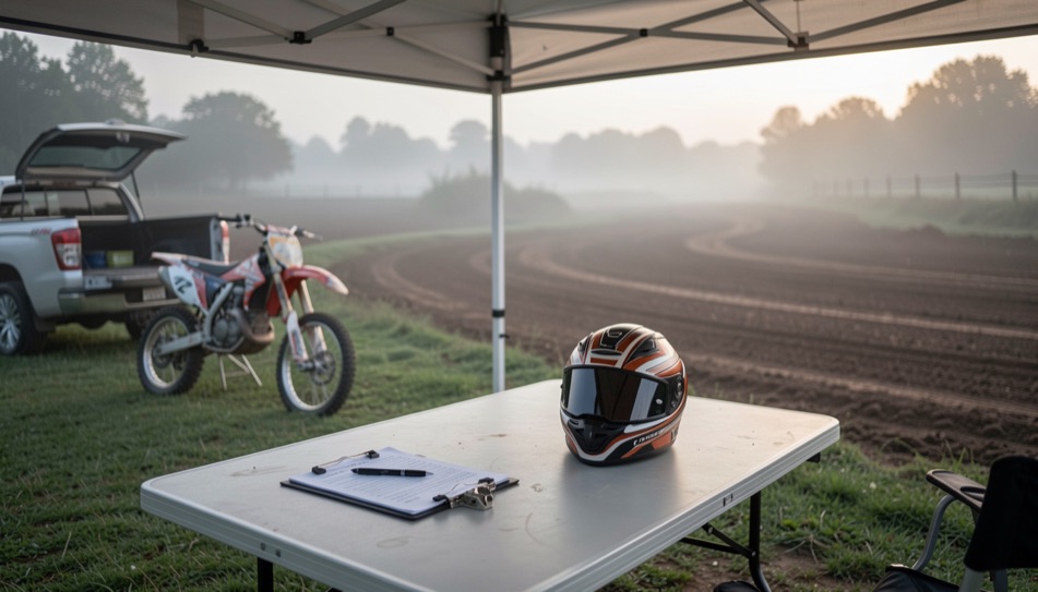 A small motorcycle on its side stand at the edge of a flat mown practice loop, a child sized helmet resting on the seat, in low early morning light